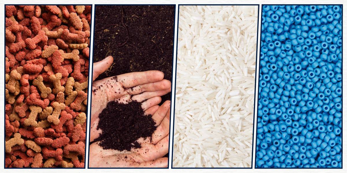 Picture showing four different types of products, including dog food, soil, rice and plastic pellets 